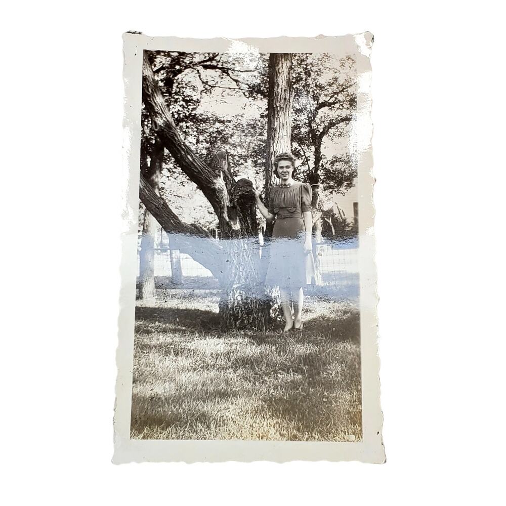 Vtg Pretty Lady Posing Near Tree Original Monochrome Photography Found Snapshot